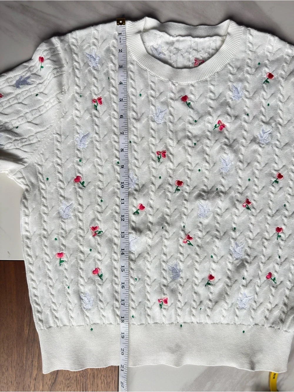 Dior White Short Sleeve Cable Knit Tee with Rose and Pigeon Embroidery - Picture 6 of 8